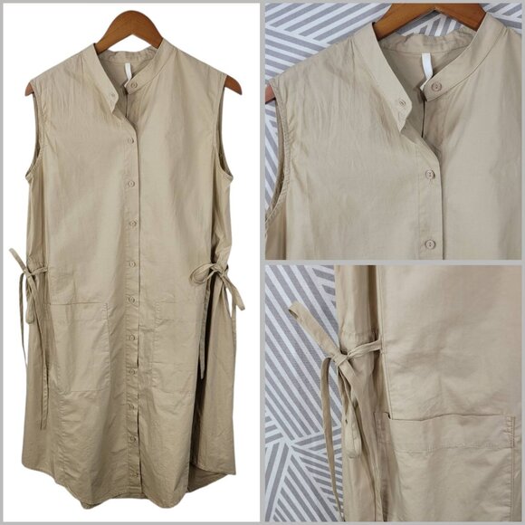 Safari Shirt Dress Size Medium Large Button Top Cinch Waist Tan Button Up Pocket - Picture 1 of 10